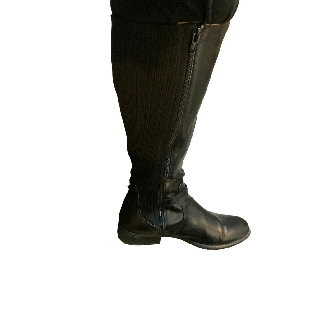 Womens Black Knee High Boots Ribbed Knit Back Side Zip Buckle Detail‎ Flat Heel